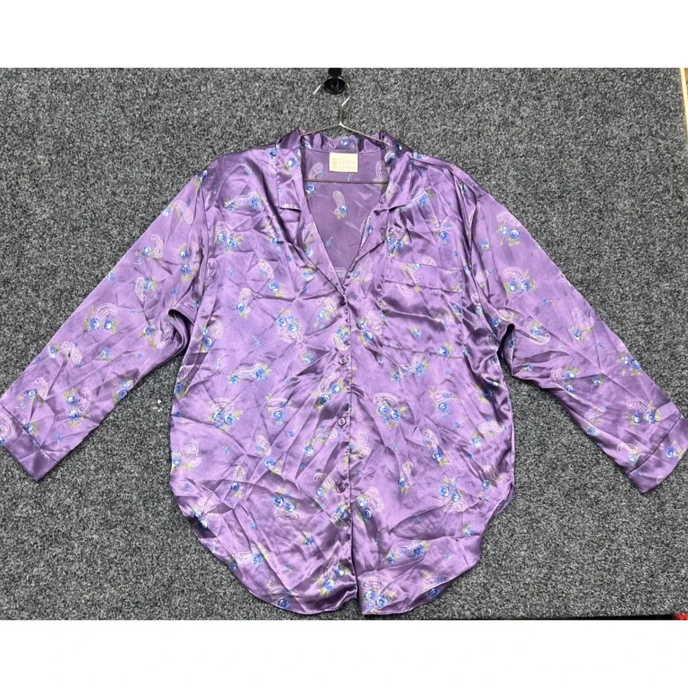 Vintage California Dynasty Pajama Top Womens L Purple Satin Floral Paisley Shirt